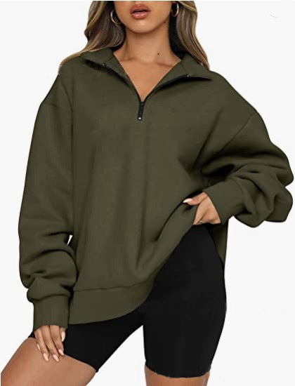 Damen modischer Oversized Pullover mit kurzem Reißverschluss und lässigen Ärmeln Drune