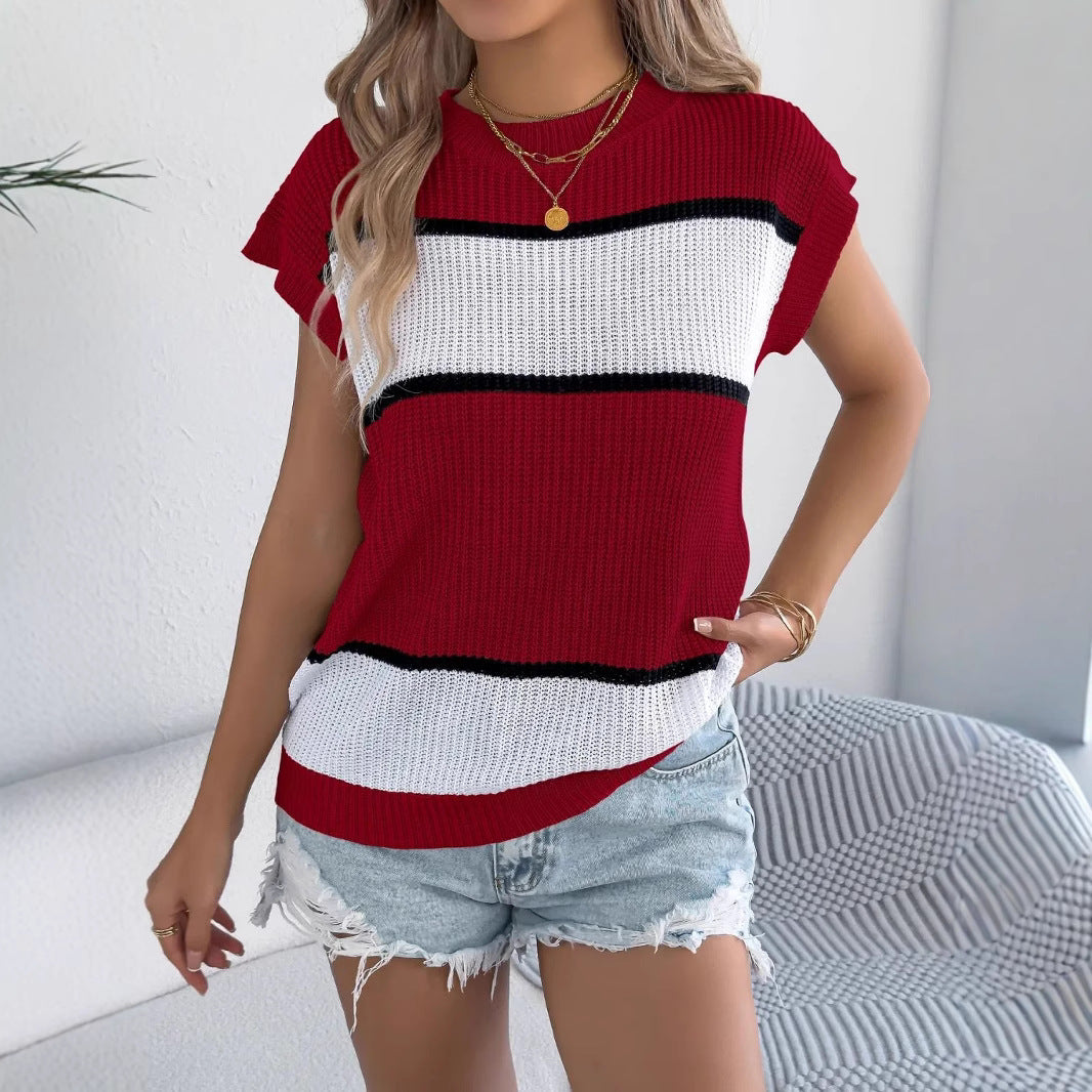 Damen Kurzarm Strickoberteil mit modernen Streifen Drune