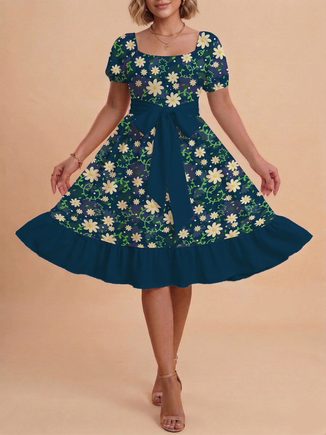 Damen Blumenkleid mit taillierbarem Gürtel und voluminösen Ärmeln Drune