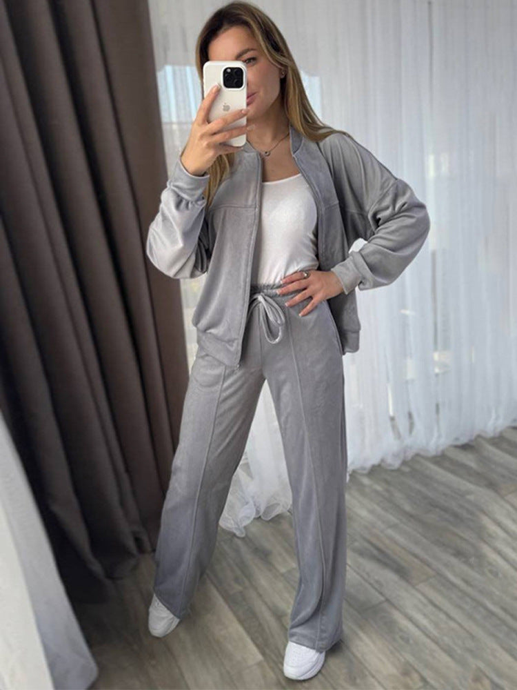 Damen Sportlicher Velours-Jogginganzug mit hohem Kragen und praktischen Taschen Drune