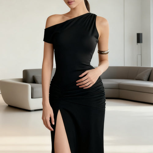 Damen Off-Shoulder Maxikleid mit elegantem Rüschendetail und seitlichem Schlitz Drune
