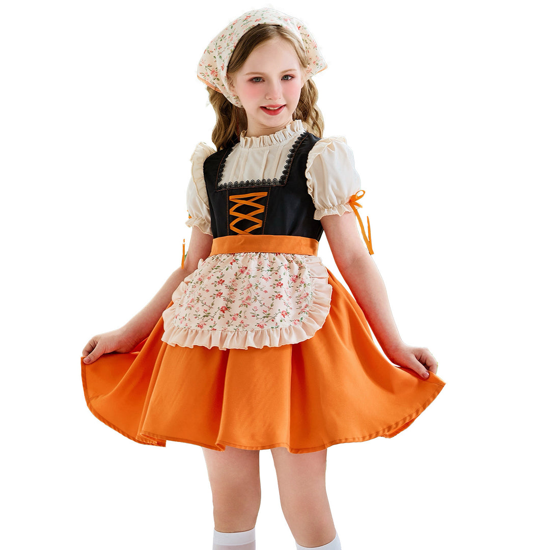Damen nan traditionelles Kinderdirndl mit Schnürung, Rüschenschürze und Kopftuch Drune