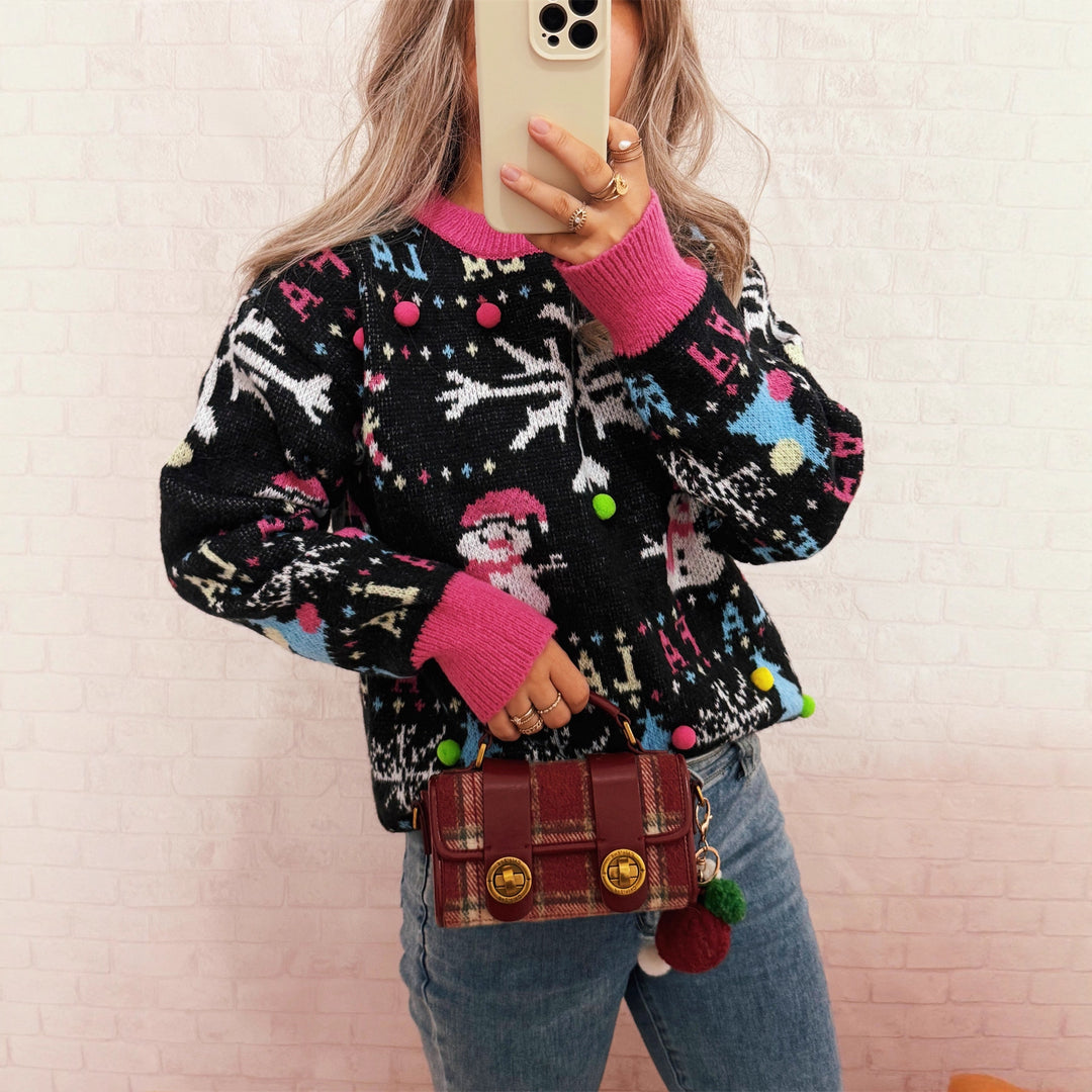 Damen festlicher Pullover mit farbenfrohen Weihnachtsmotiven und verspielten Details Drune