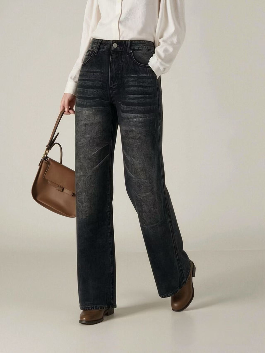 Damen weite High-Waist Jeans mit einzigartiger Textur Drune