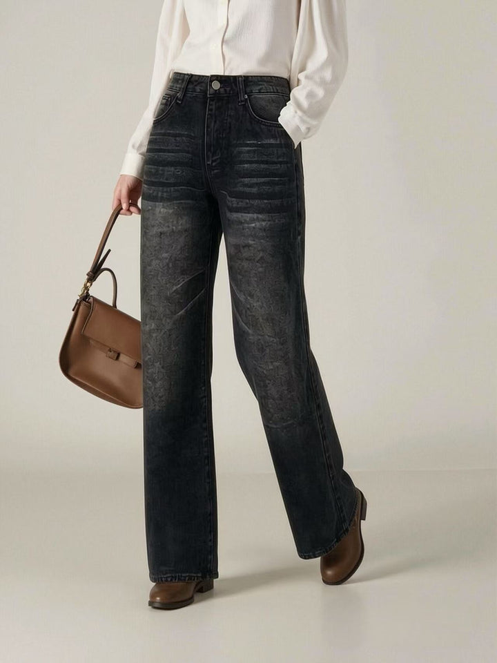 Damen weite High-Waist Jeans mit einzigartiger Textur Drune