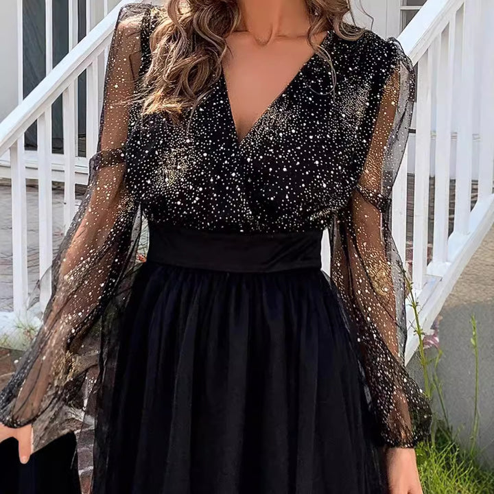 Damen Glamouröses Cocktailkleid mit glitzerndem Oberteil und transparenten Ärmeln Drune