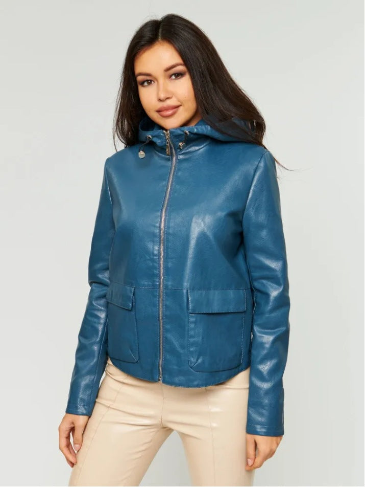Damen Kunstlederjacke mit angeschnittenem Hoodie und praktischen Taschen Drune