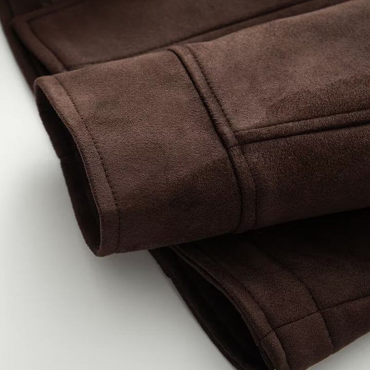 Damen elegante Suede-Jacke mit Taillengürtel und großem Revers Drune
