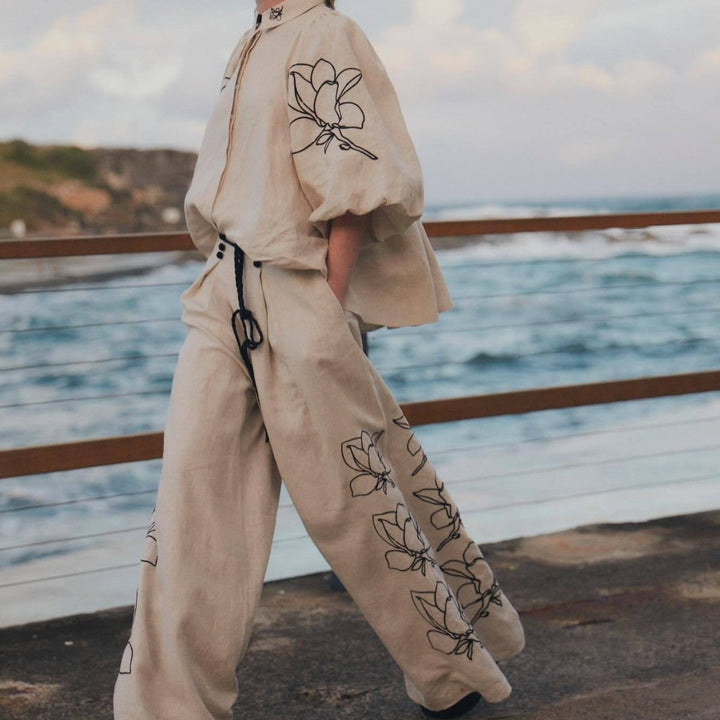 Damen Weit geschnittene Leinenhose mit floralen Stickereien Drune
