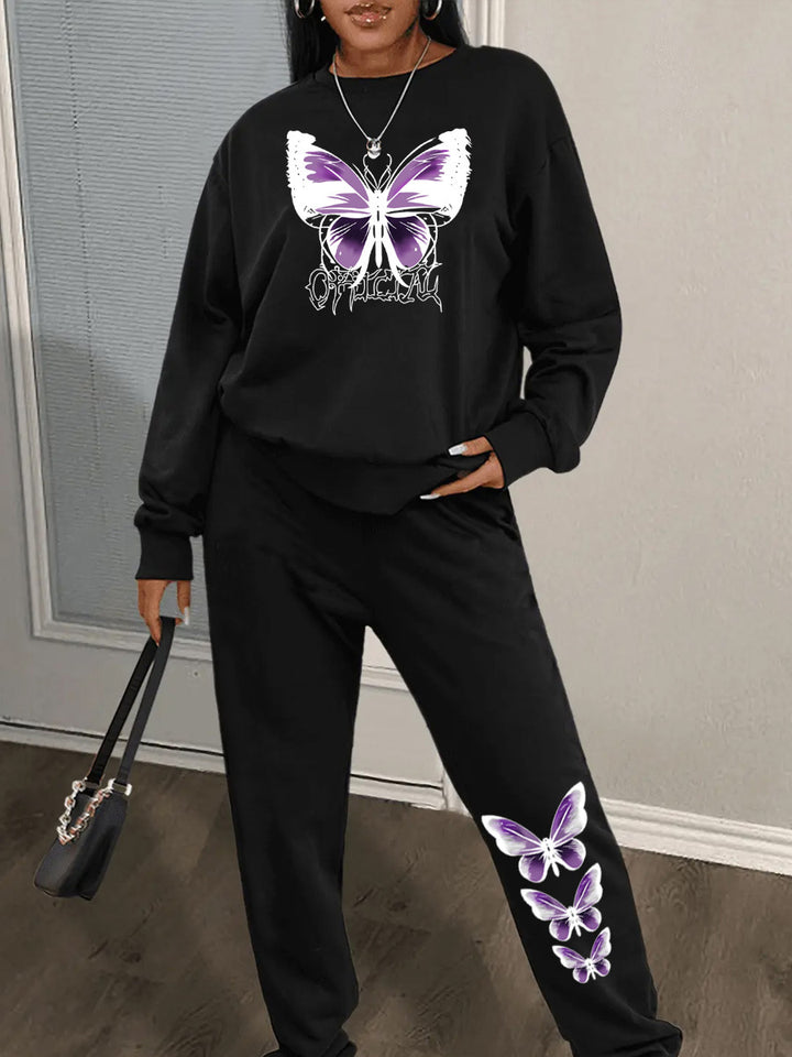 Damen Sweatshirt und Jogginghose Set mit kreativem Schmetterlingsdesign Drune