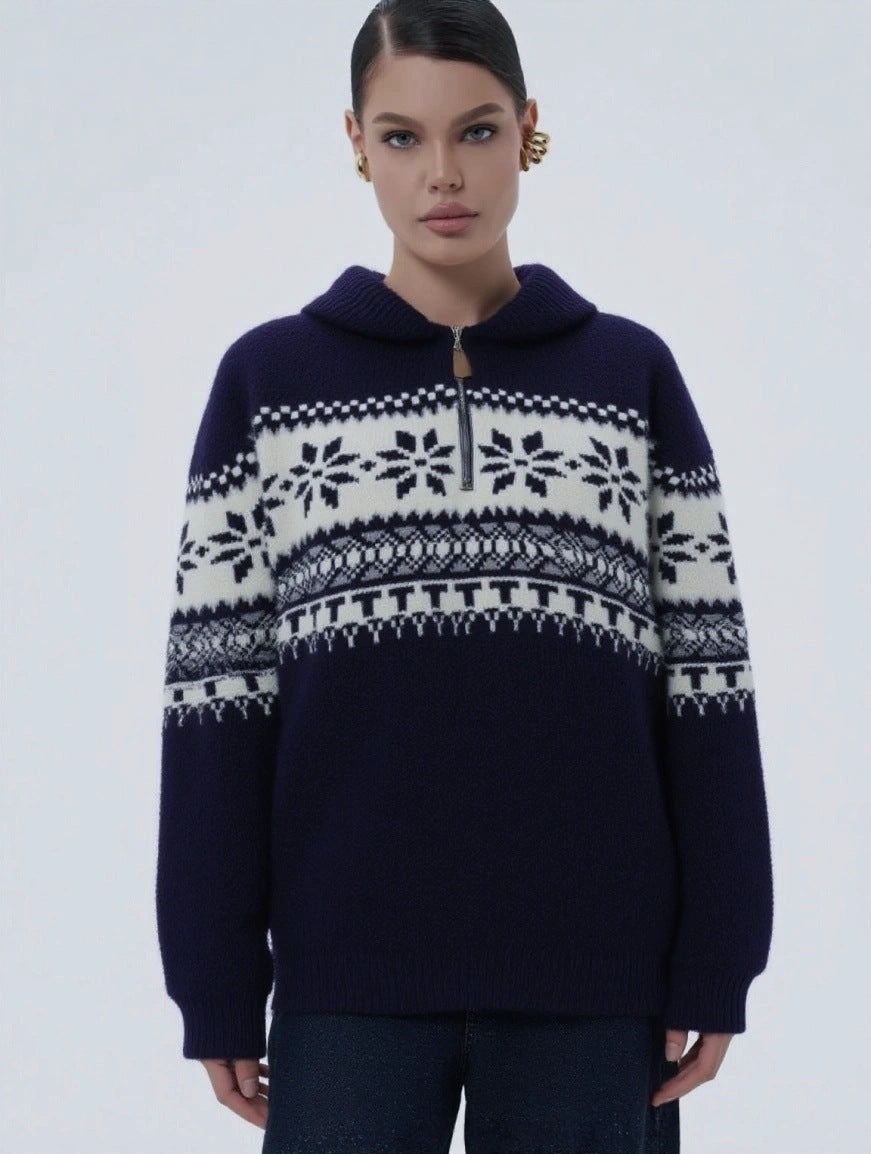 Damen gestrickter Pullover mit Halskragen und Modischem Norweger-Muster Drune