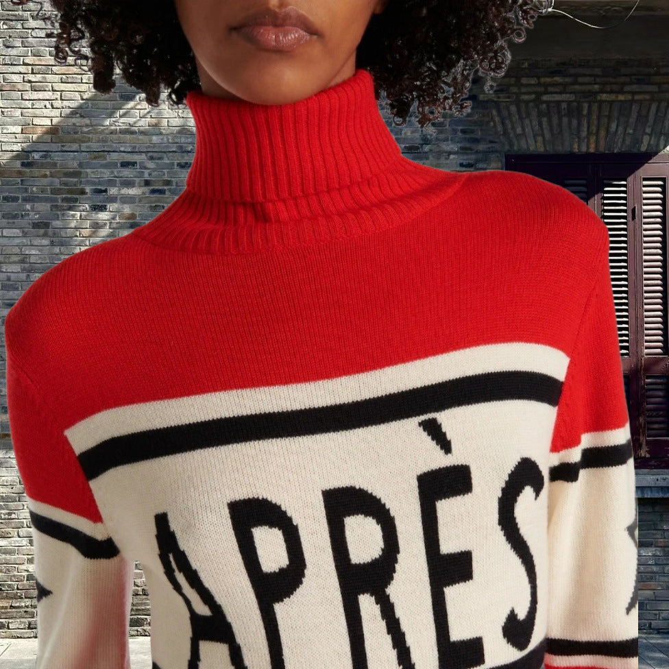 Damen Modischer Strickpullover mit hohem Kragen und auffälligem Schriftzug Drune