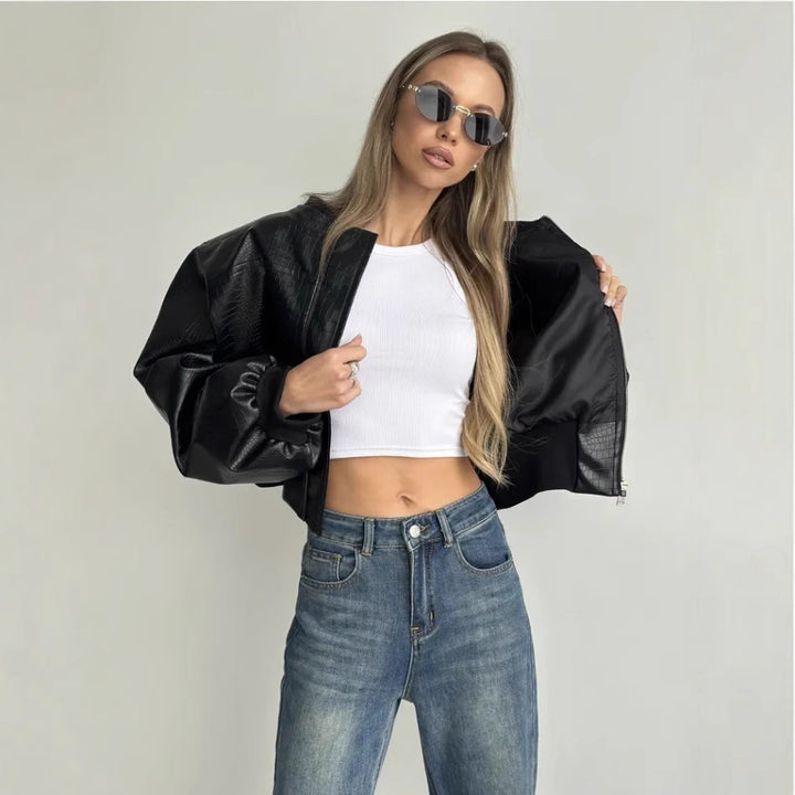 Damen trendige cropped Kunstlederjacke mit voluminösen Ärmeln Drune