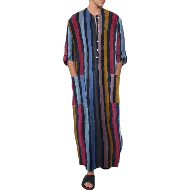 Herren nan bodenlanger gestreifter Leinenmix Kaftan mit Stehkragen und aufgesetzten Hüfttaschen Drune