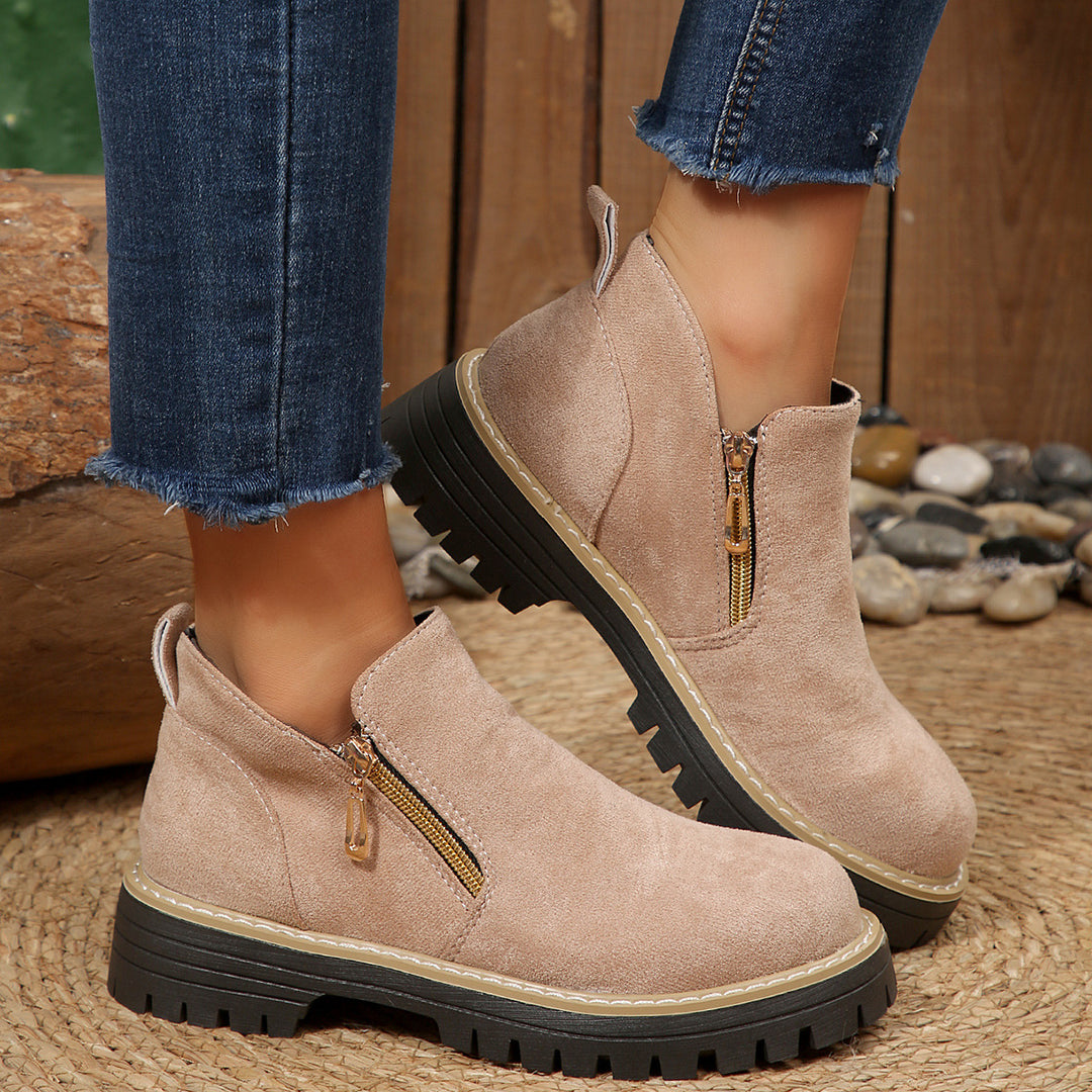 Damen nan knöchelhohe Stiefelette mit dekorativem Reißverschluss gepolstertem Schaft und robuster Profilsohle Drune