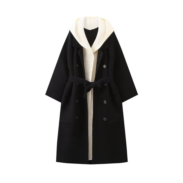 Damen lässiger Longcardigan mit bindbarem Taillengürtel und zweilagigem Kragen Drune