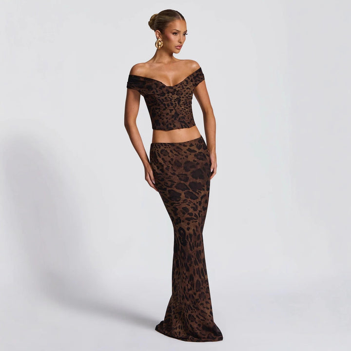 Damen Elegantes Set aus Crop-Top und Maxirock mit Leopardenmuster Drune