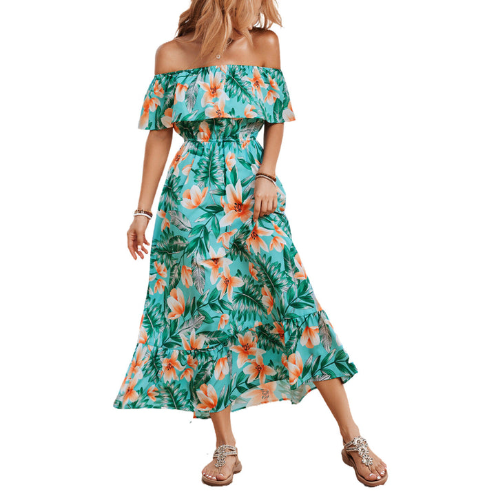 Damen Off-Shoulder Maxikleid mit floralem Design und elastischem Taillenbund Drune