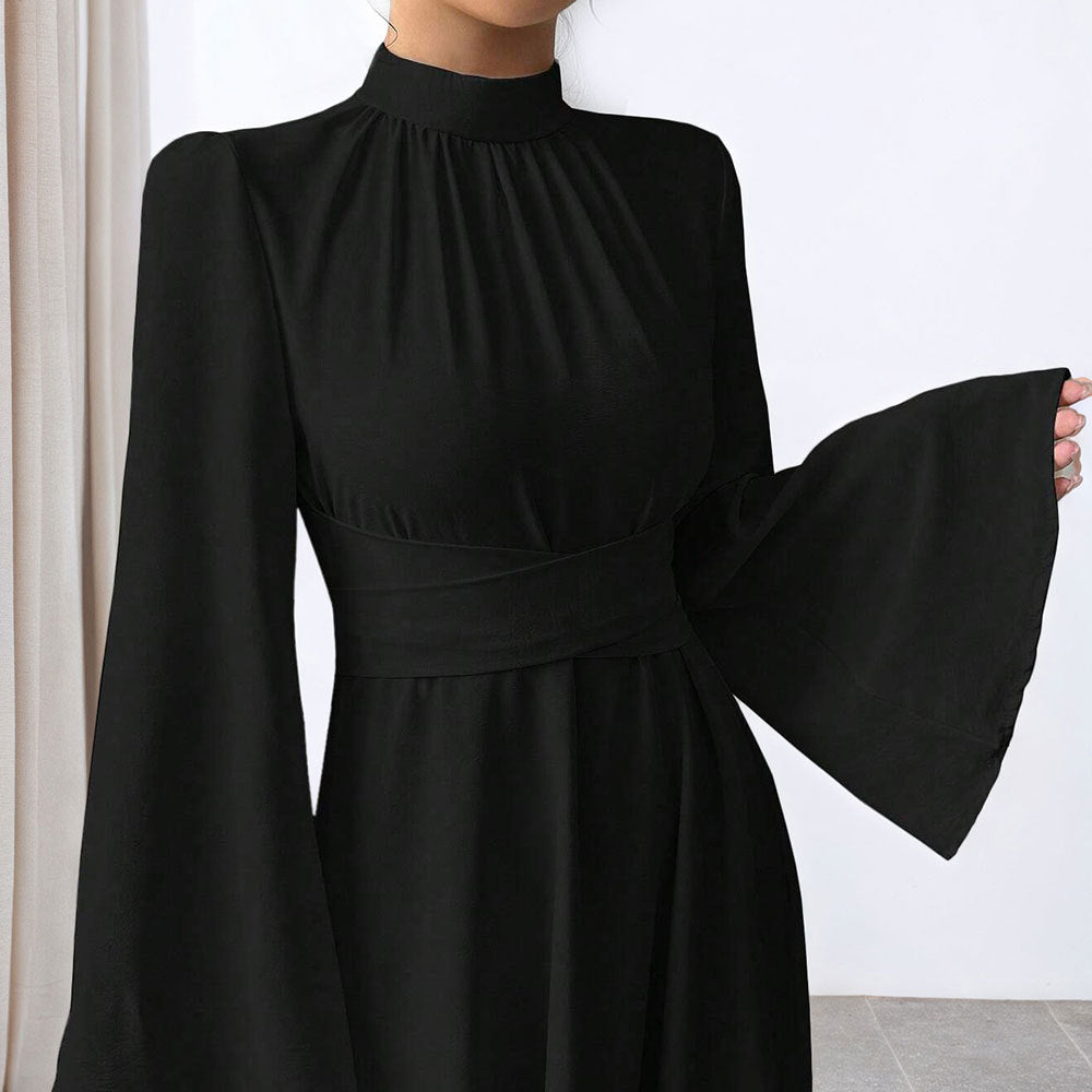 Damen Elegantes Maxikleid mit schwingenden Ärmeln und Hohem Kragen Drune