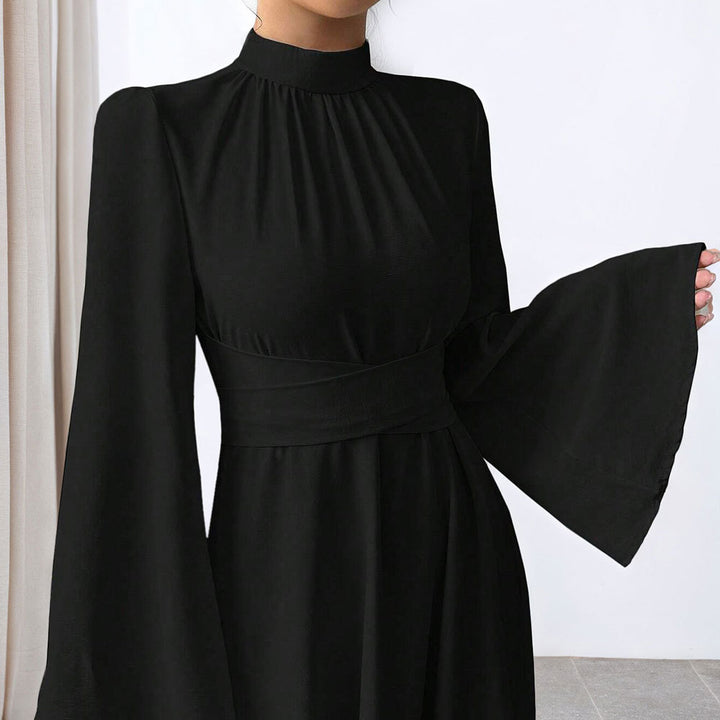 Damen Elegantes Maxikleid mit schwingenden Ärmeln und Hohem Kragen Drune