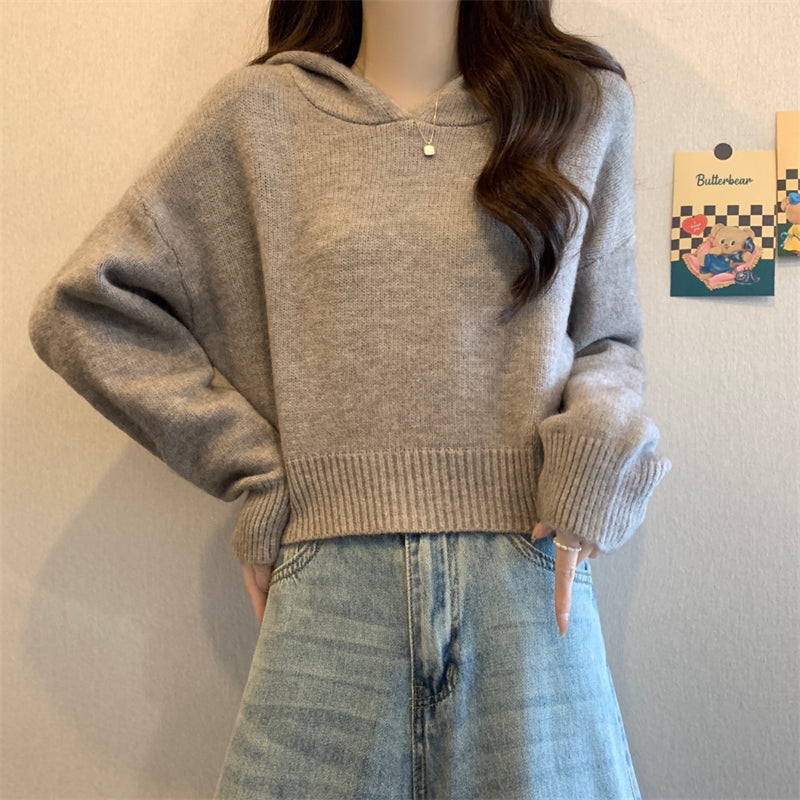 Damen lässiger Strickpullover mit Kapuze und lockeren Ärmeln Drune