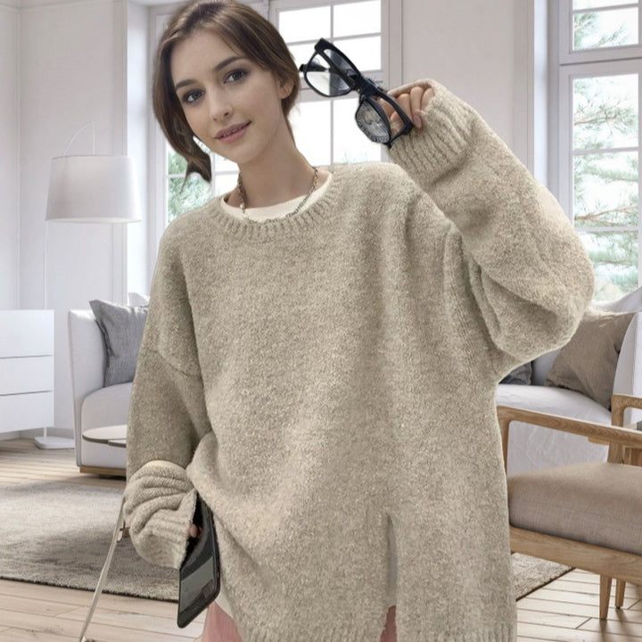 Damen Oversized Strickpullover mit elegantem V-Ausschnitt und seitlichen Schlitzen Drune