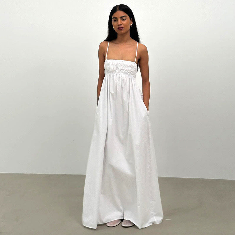 Damen Maxi-Kleid mit gerafftem Oberteil und seitlichen Taschen Drune