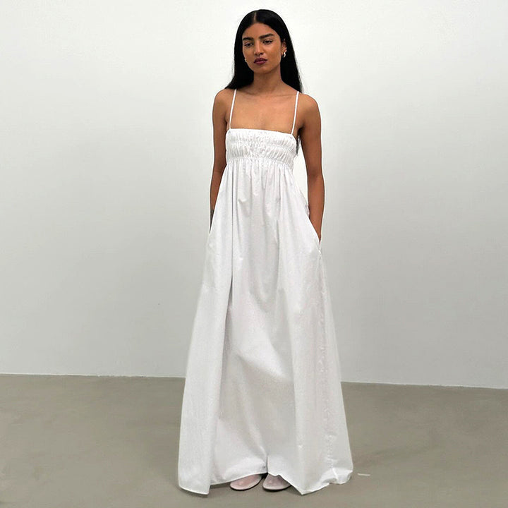 Damen Maxi-Kleid mit gerafftem Oberteil und seitlichen Taschen Drune