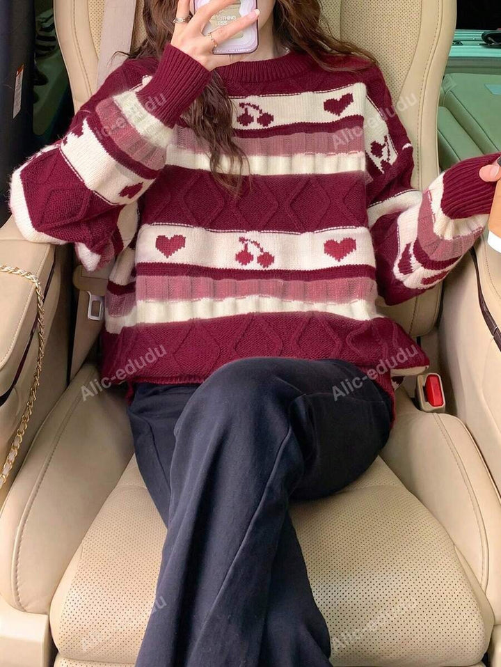 Damen Grobstrickpullover mit kreativem Herz- und Fruchtmuster Drune