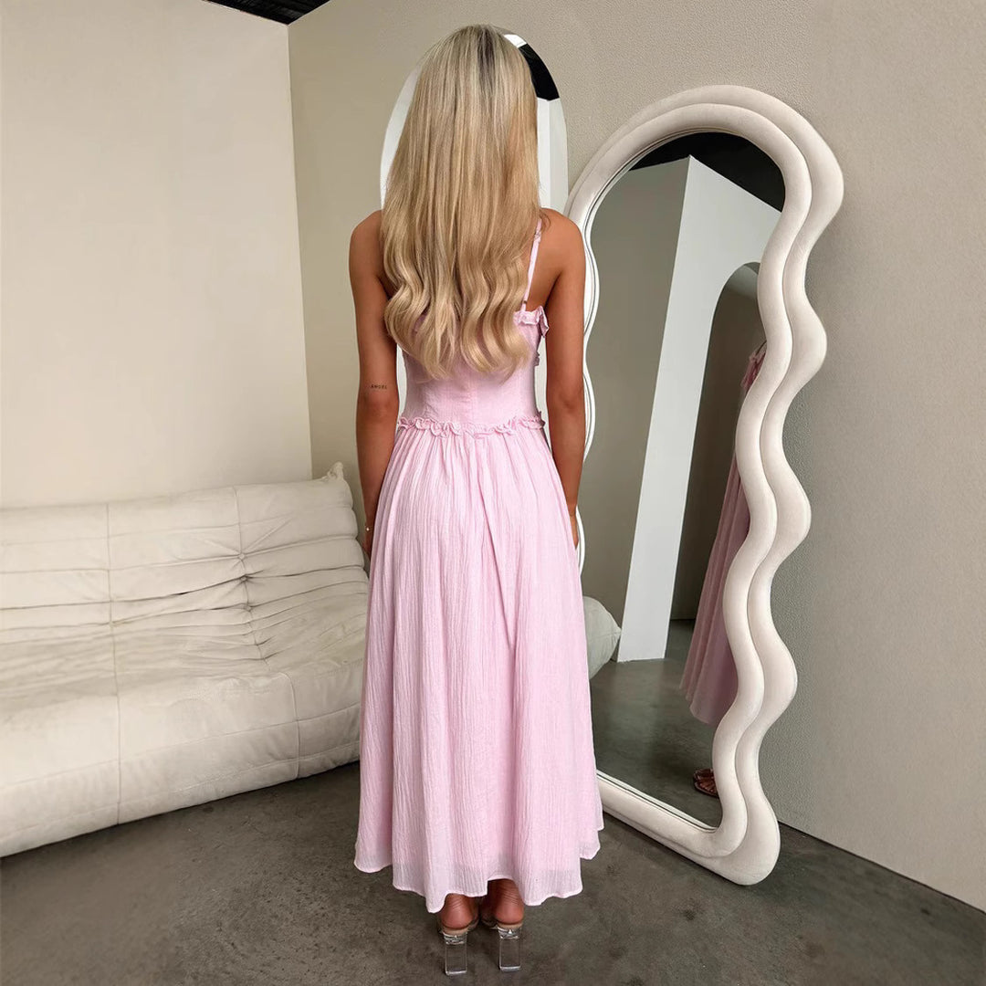 Damen Maxikleid mit zarten Rüschen und verstellbaren Spaghetti-Trägern Drune