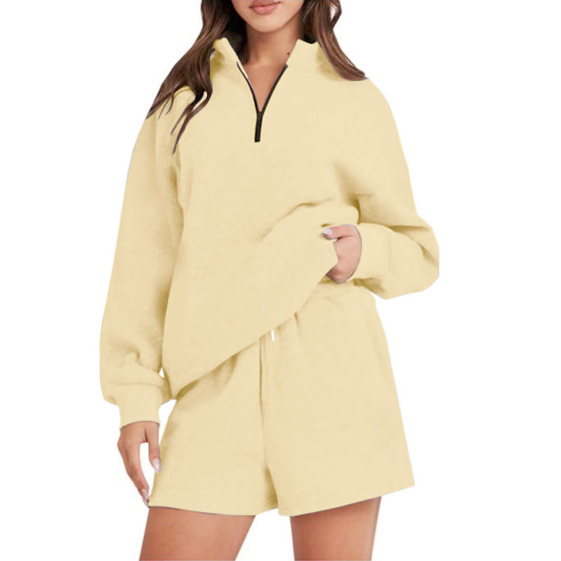 Damen bequemen Freizeit-Sweatanzug mit halbem Reißverschluss und Shorts Drune