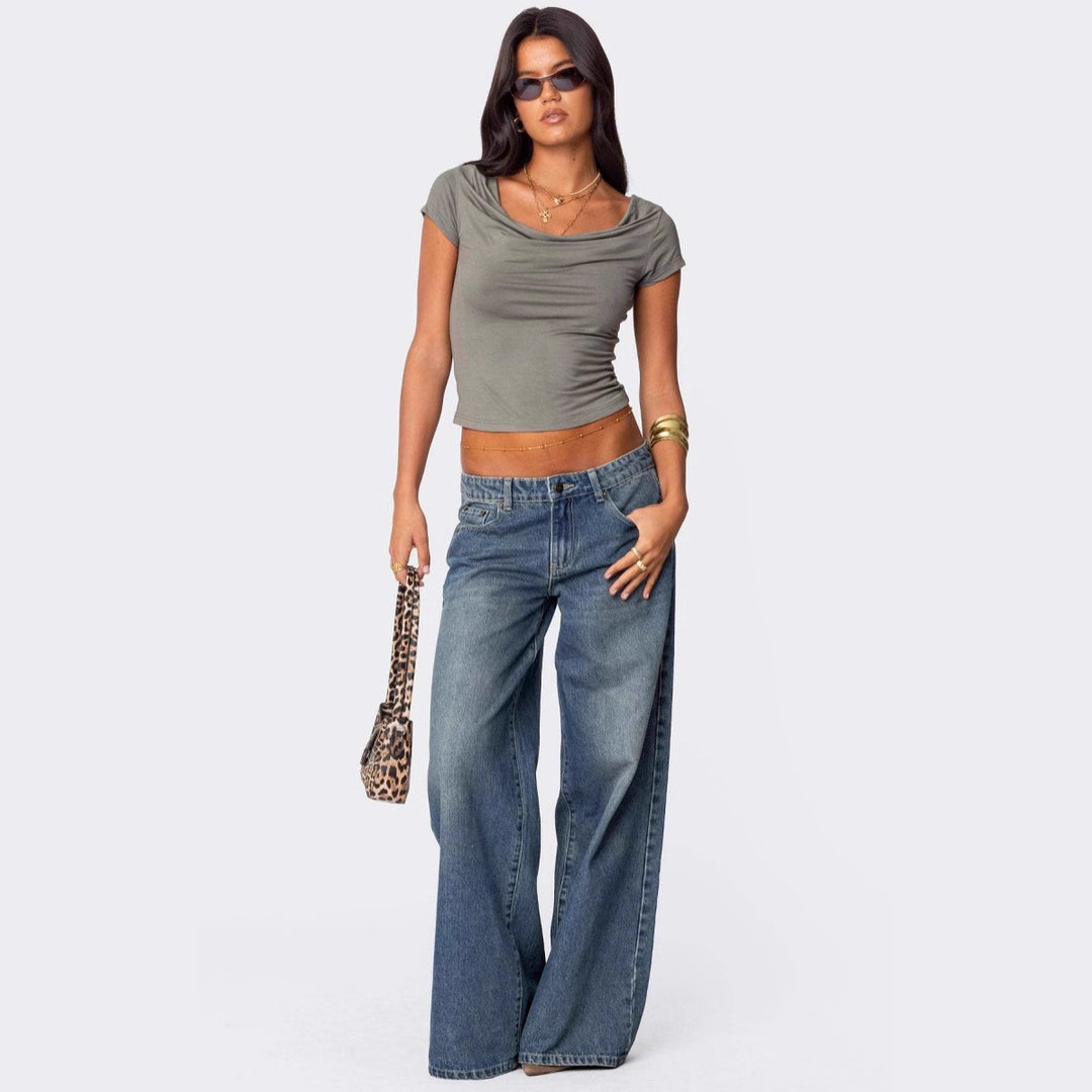 Damen lässige Schlagjeans mit weitem Bein Drune