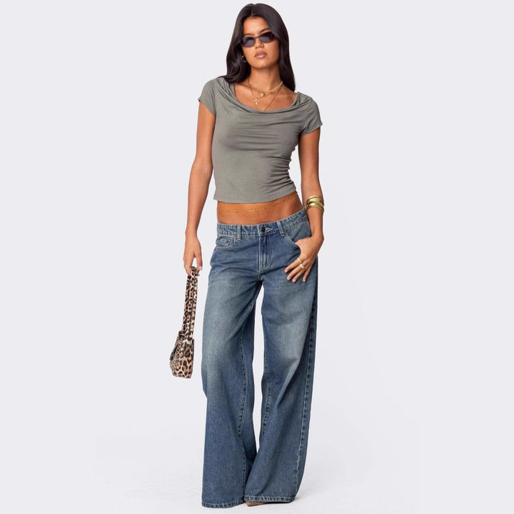 Damen lässige Schlagjeans mit weitem Bein Drune