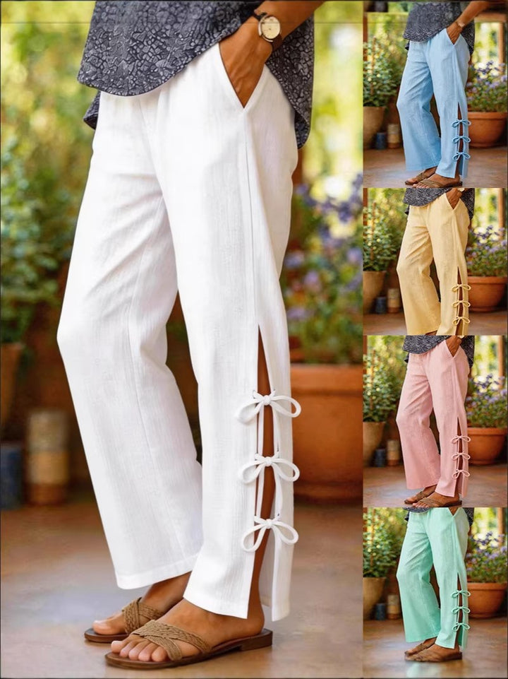 Damen Leichte Sommerhose mit seitlichen Bindegürtel undDekolleté-Schlitzen Drune
