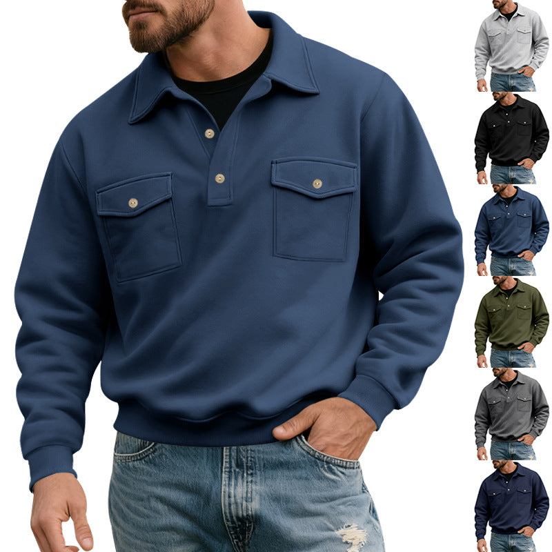 Herren nan Brustklappen-Polo-Sweatshirt mit Halbknopfleiste, zwei Brusttaschen und geripptem Saum Drune