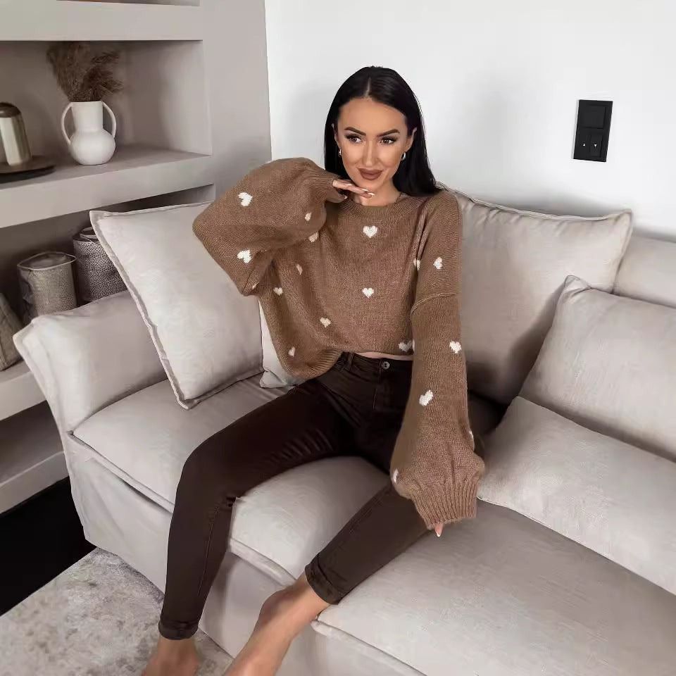 Damen lässiger Strickpullover mit herzförmigen Mustern und angeschnittenen Ärmeln Drune
