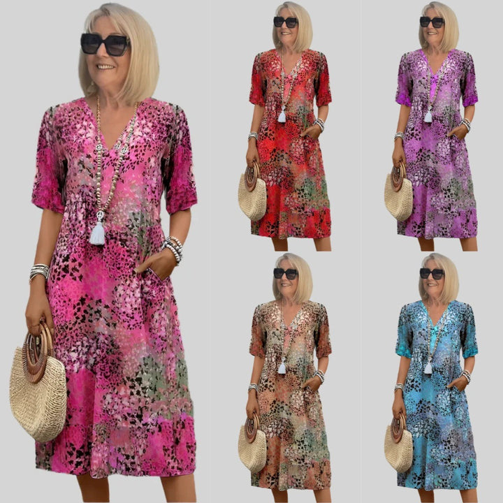Damen lockeres Sommerkleid mit V-Ausschnitt und Taschen