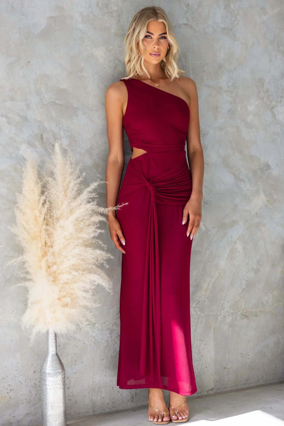 Damen Elegantes Abendkleid mit asymmetrischem Ausschnitt und Raffung Drune