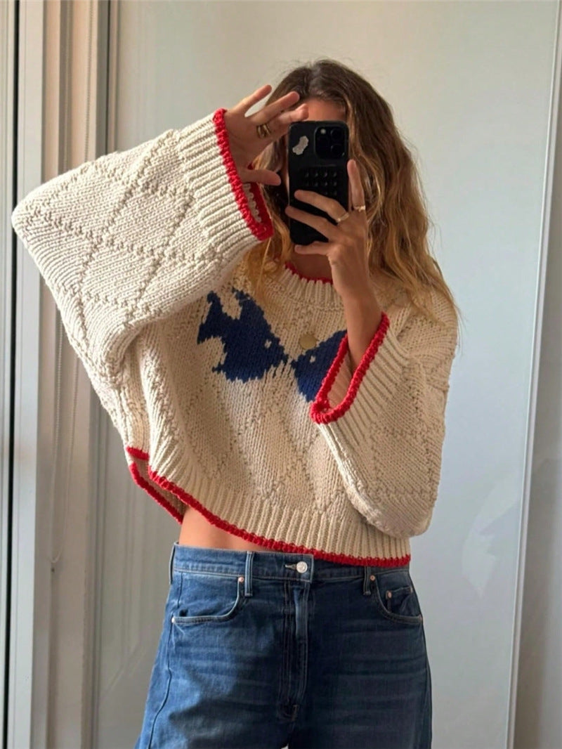 Damen Cort-Kragen Pullover mit strukturiertem Strickmuster und auffälligen Kontrasten Drune