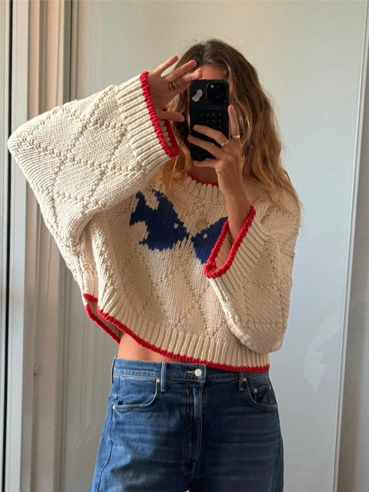 Damen Cort-Kragen Pullover mit strukturiertem Strickmuster und auffälligen Kontrasten Drune