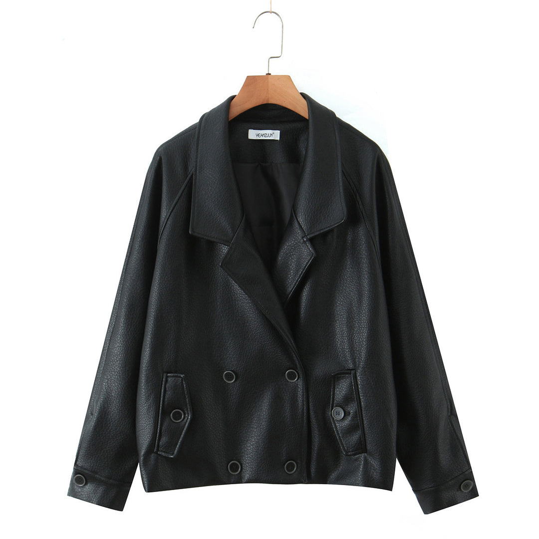 Damen modische Kunstlederjacke mit doppelter Knopfleiste und breitem Revers Drune