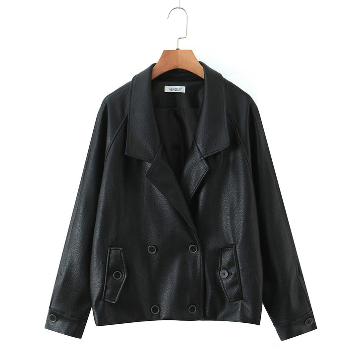 Damen modische Kunstlederjacke mit doppelter Knopfleiste und breitem Revers Drune