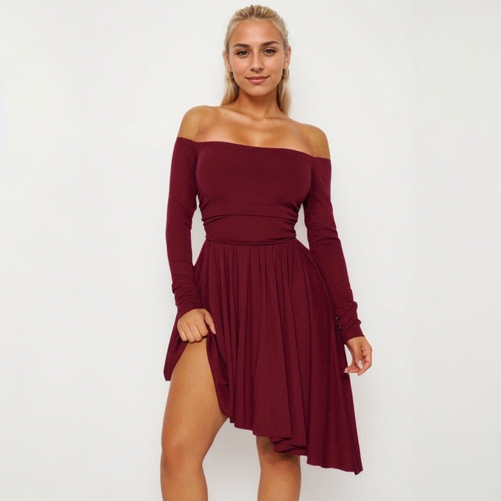 Damen Off-Shoulder Midi-Kleid mit asymmetrischem Saum und langen Ärmeln Drune