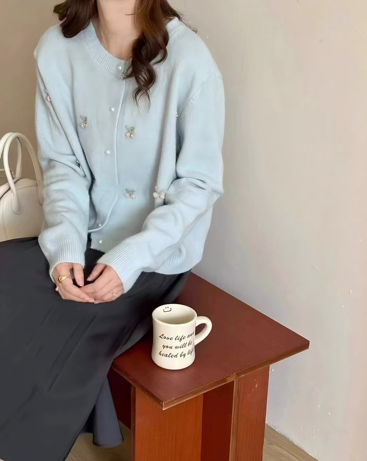 Damen modische Strickjacke mit Bärenapplikationen und Knopfdetails Drune