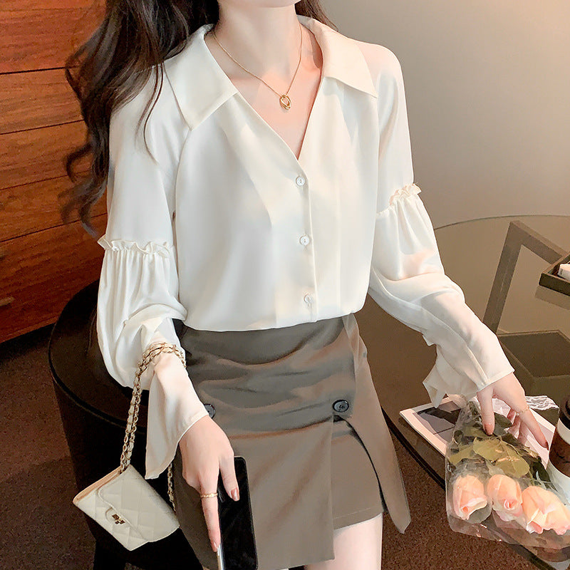 Damen Bluse mit Rüschendetails und V-Ausschnitt Drune