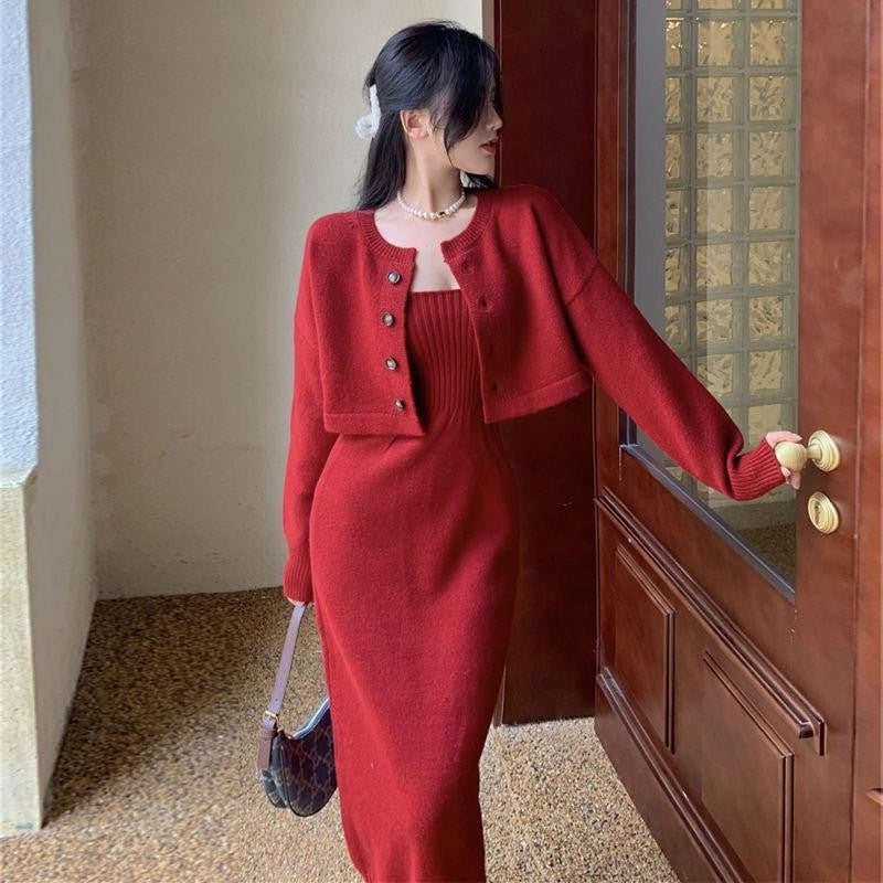 Damen Strickkleid mit passendem Cardigan und Knopfdesign Drune