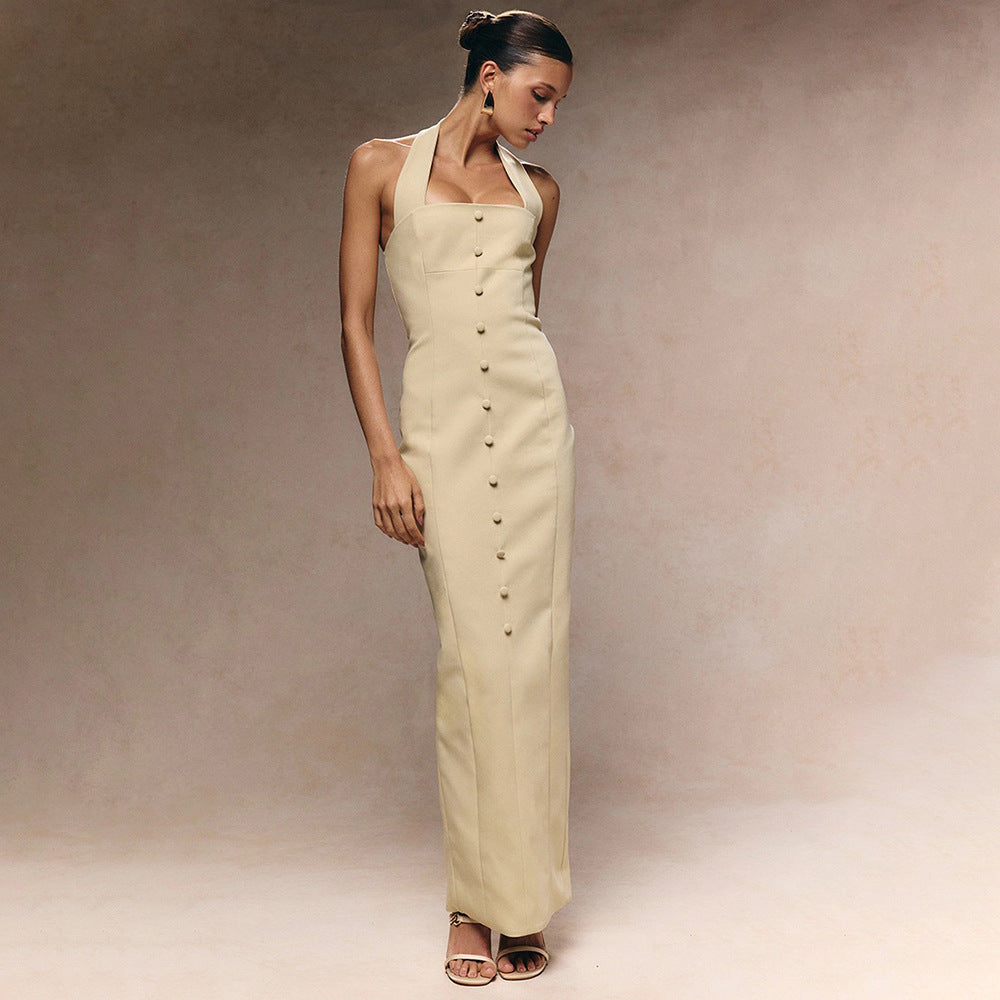 Damen Elegantes Maxikleid mit Halfter-Ausschnitt und raffinierten Knopfdetails Drune
