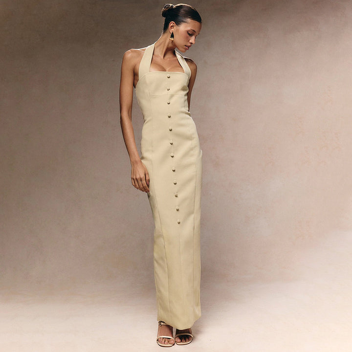 Damen Elegantes Maxikleid mit Halfter-Ausschnitt und raffinierten Knopfdetails Drune