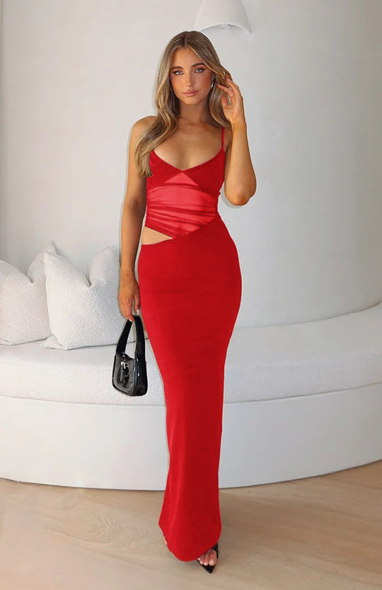 Damen Elegantes Langarm-Maxikleid mit transparentem Detail und figurbetontem Schnitt Drune
