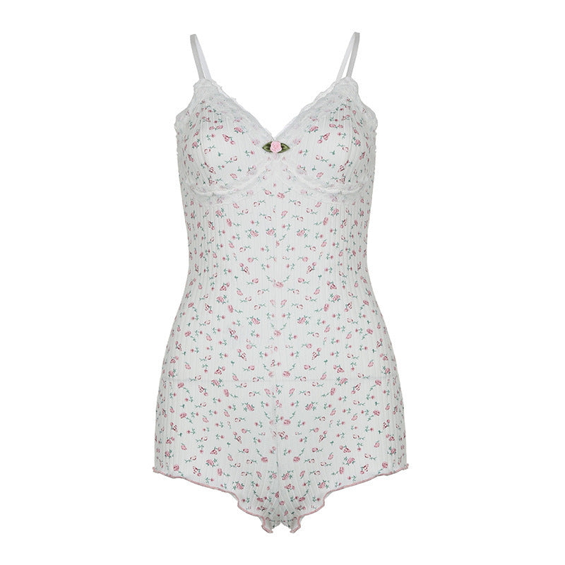 Damen Nachtwäsche Bodysuit mit floralem Druck und zarten Spitzenakzenten Drune